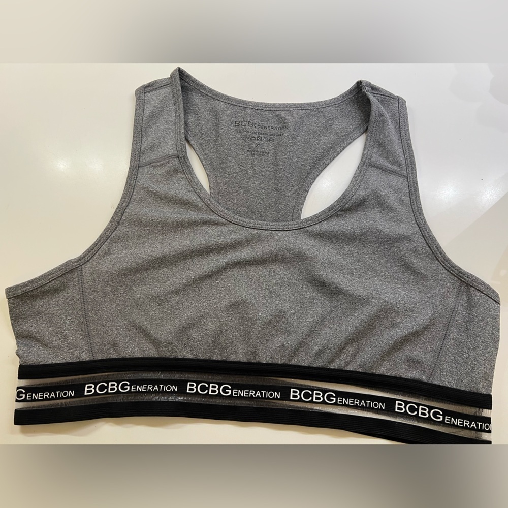 BCBG GENERATION CHARCOAL RACERBACK SPORTS BRA XL HAS BCBG LOGO ON ELASTIC BAND
